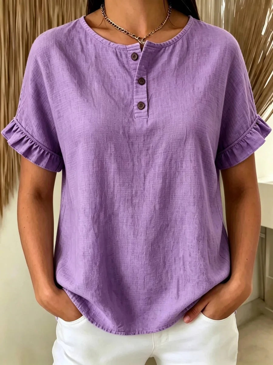 Womens Cotton-Linen Ruffle-Trimmed Button-Up Short-Sleeve Top