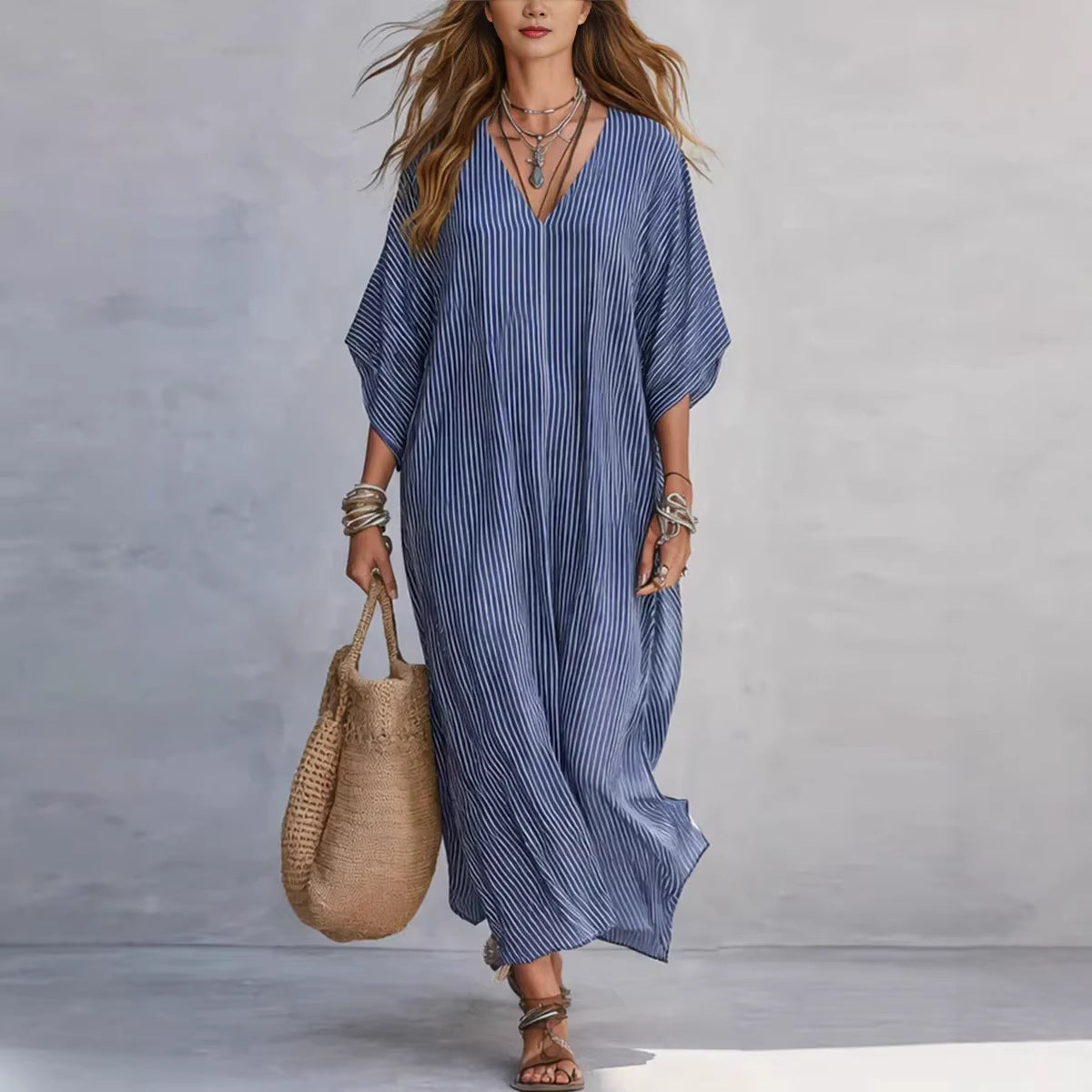 Loose-fitting Plus-size Resort Maxi Dress V-neck Shirt-style Striped Sundress