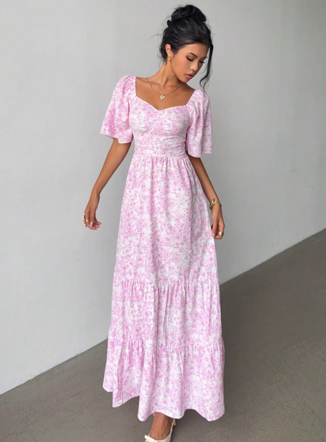 Elegant Printed Long Dress With A Square Neckline And Puffed Sleeves