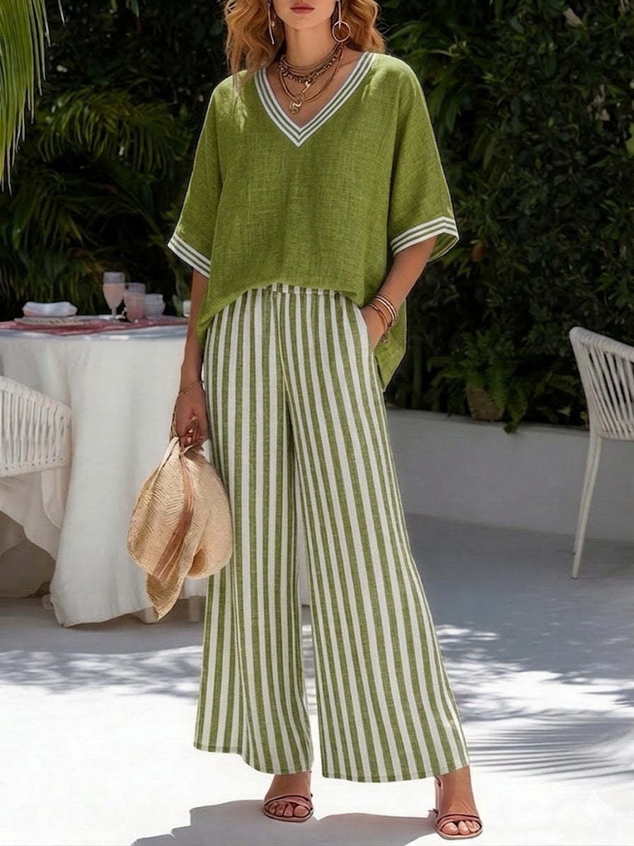 Tunic-style Striped Casual Trousers Womens Outfit