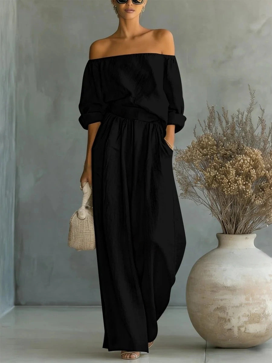 Casual Two-Piece Womens Outfit Off-Shoulder Top And Wide-Leg Pants Set
