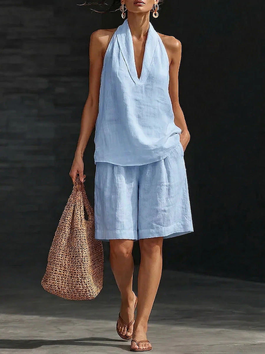 Cotton And Linen Casual Vest And Shorts Set For Women