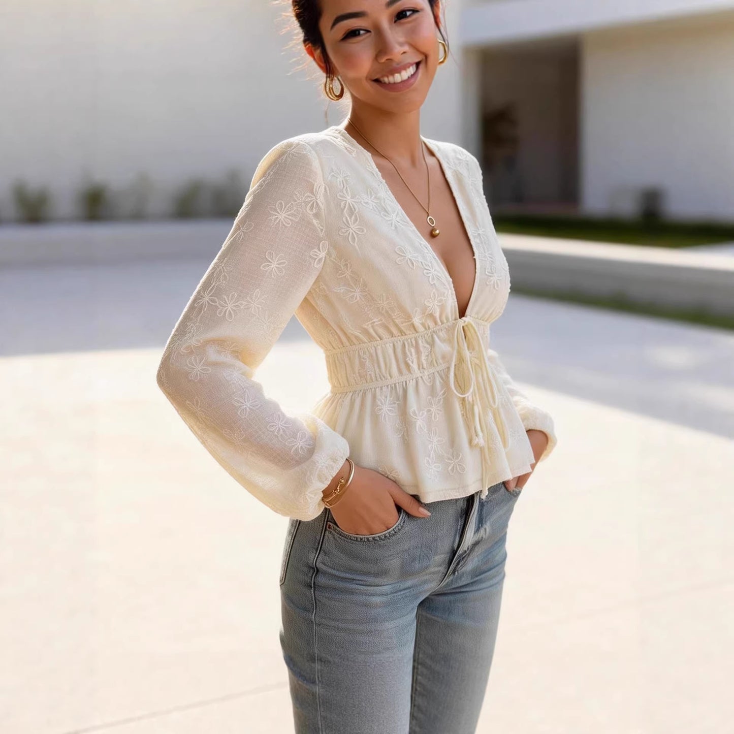 Solid-color Lace-up Waist-defined V-neck Elegant Figure-flattering Puffed-sleeve Top