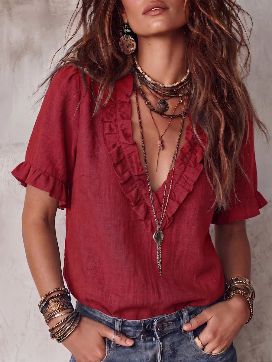 Cotton Pleated V-neck Casual Shirt Top Womens Clothing