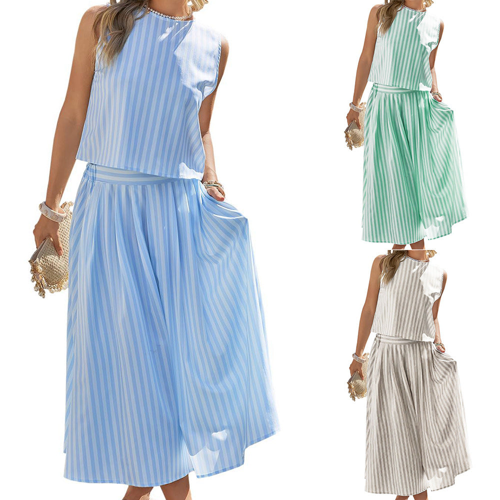 Womens Elegant Striped Vest And A-Line Skirt Two-Piece Set