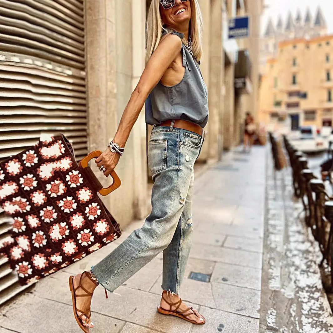 Women's Stretch Denim Loose Straight- Leg Wide-leg Pants