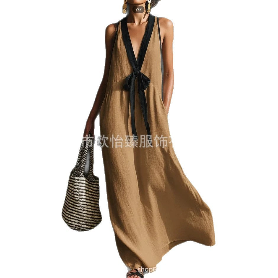 Classic Elegant Contrast-color Necktie Long Dress