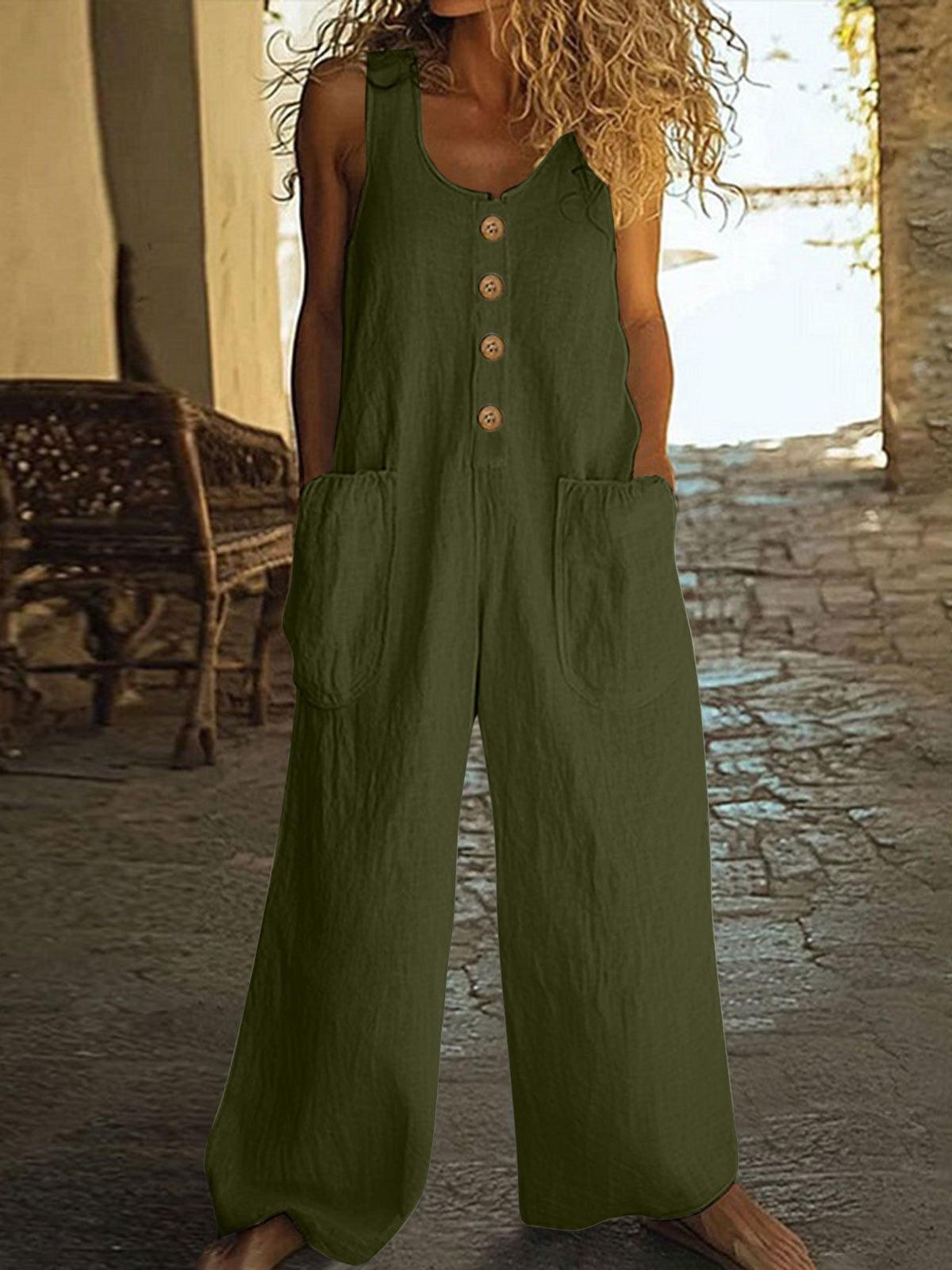 Summer New Cotton-linen Wide-leg Jumpsuit
