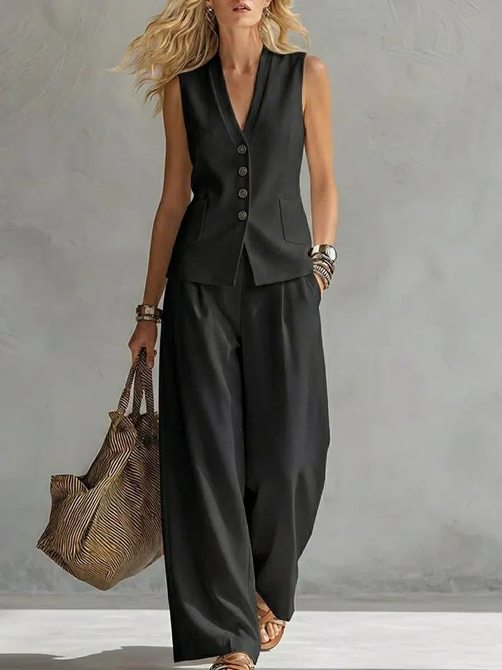 Womens Solid-Colored Sleeveless Casual Linen Tank Top And Pants Set