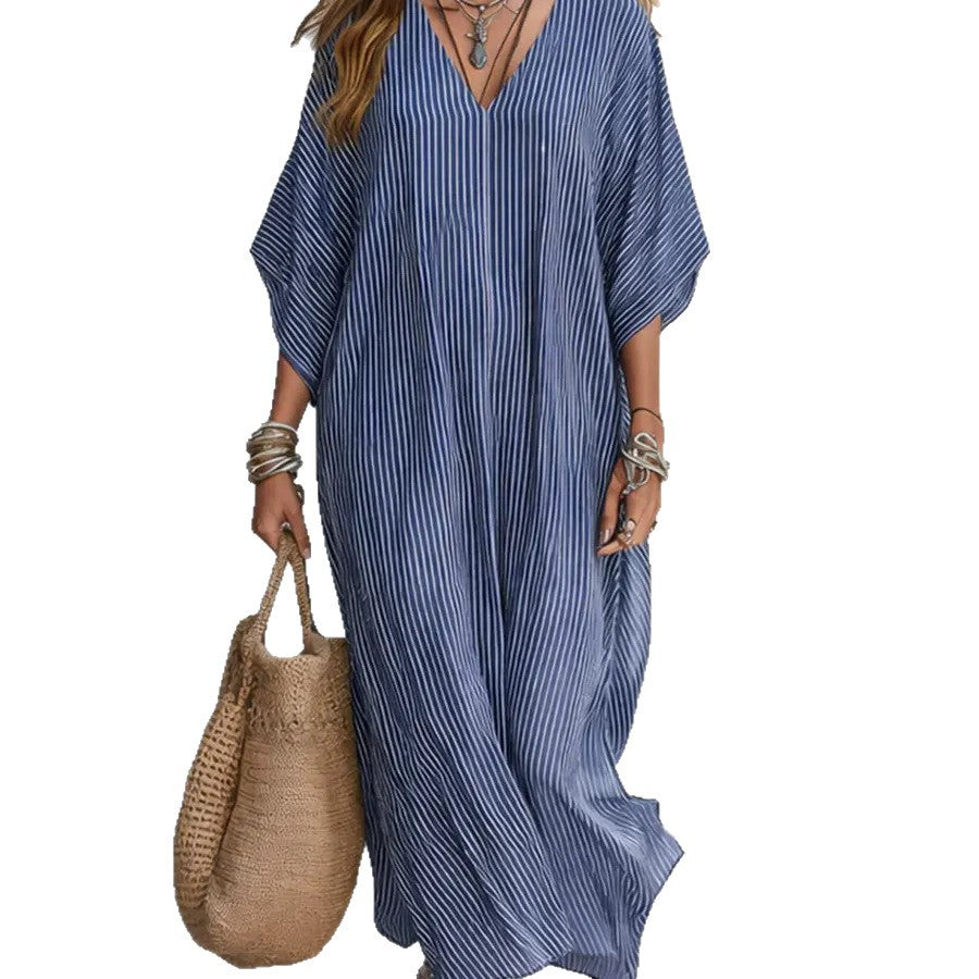 Loose-fitting Plus-size Resort Maxi Dress V-neck Shirt-style Striped Sundress