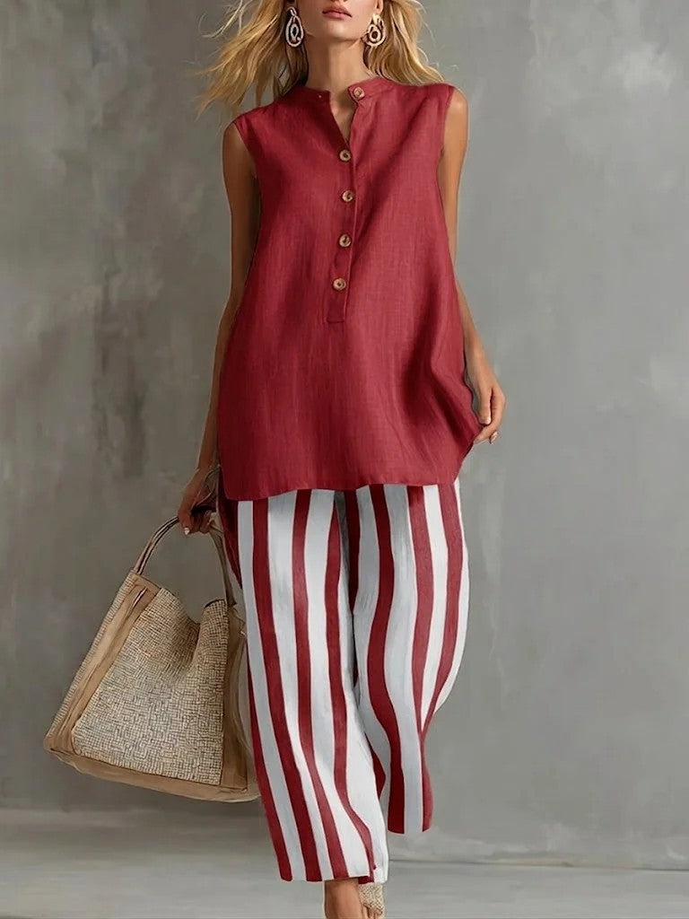 Casual Sleeveless Shirt Top And Striped Wide-Leg Pants Two-Piece Set