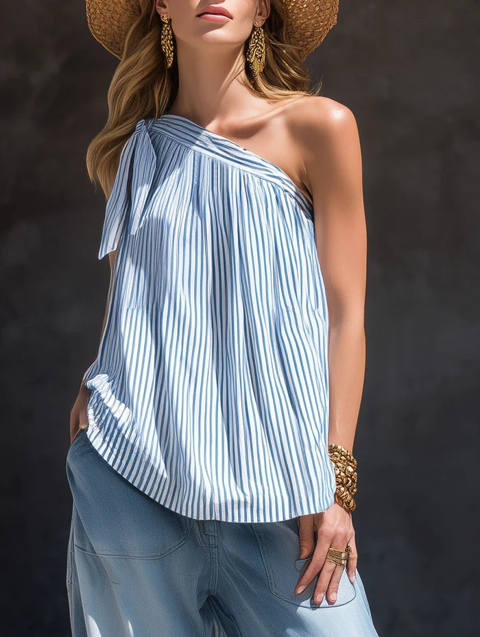 French-style Vacation-ready Striped Off-shoulder Top, Sleeveless Blouse