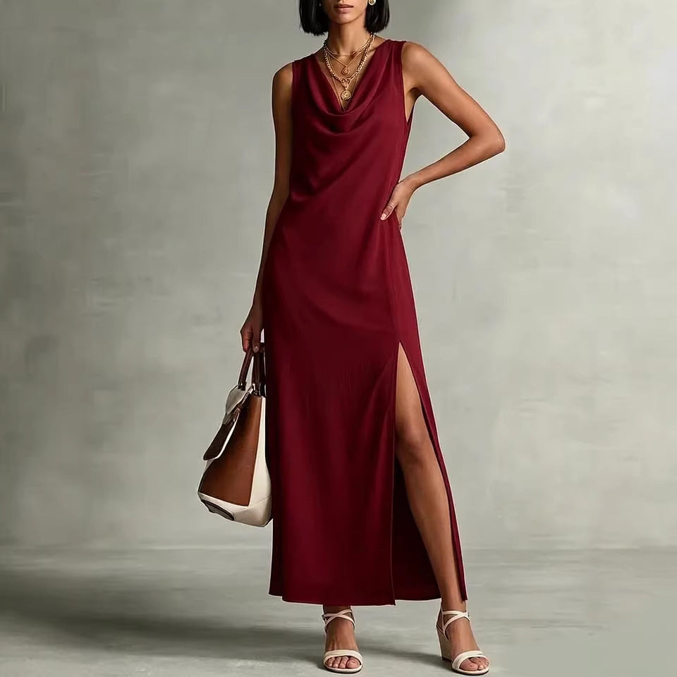 Womens Fashion Split Hem Draped Neckline Sleeveless Chiffon Dress