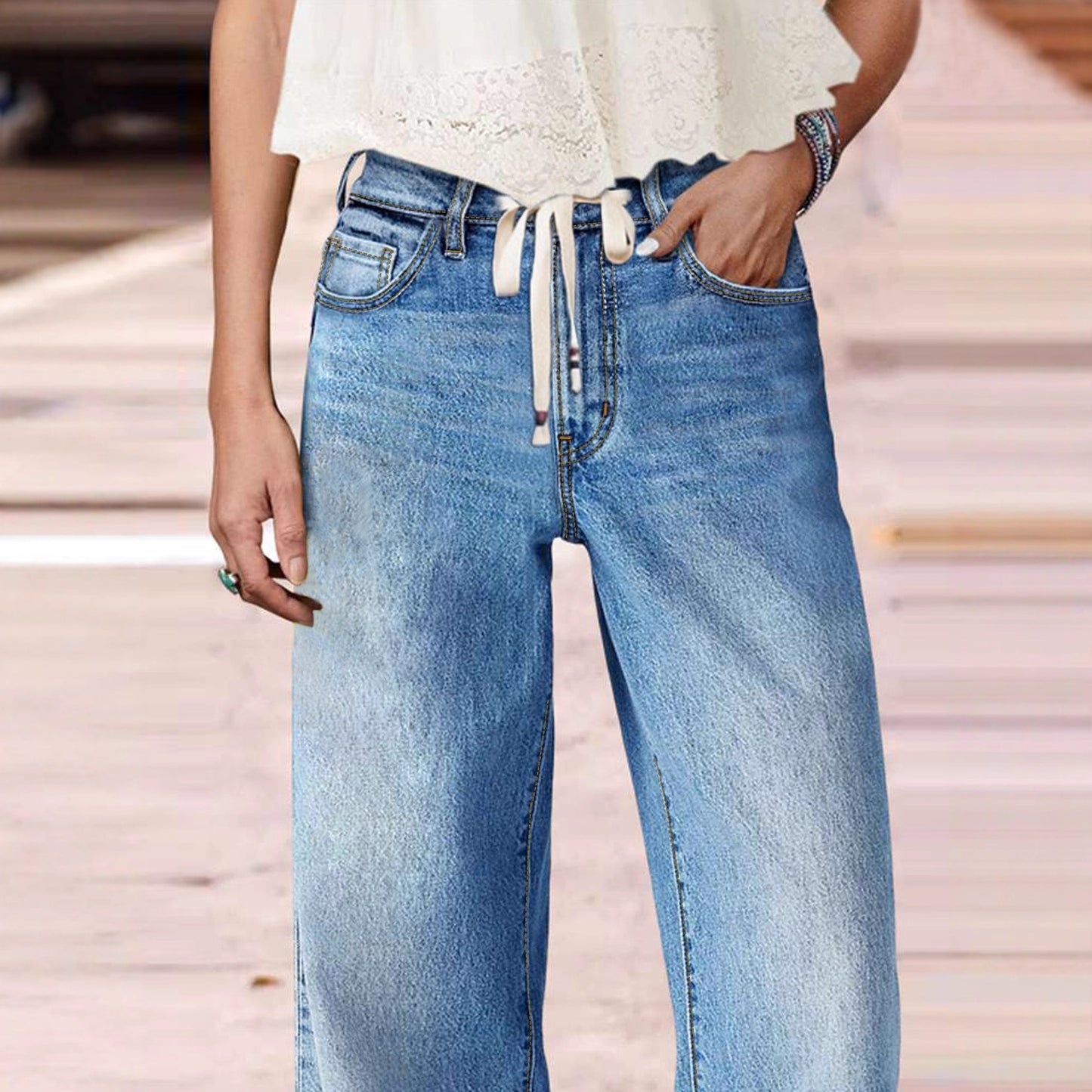 Tied-cord Denim High-waist Slim-fit Straight-leg Pants