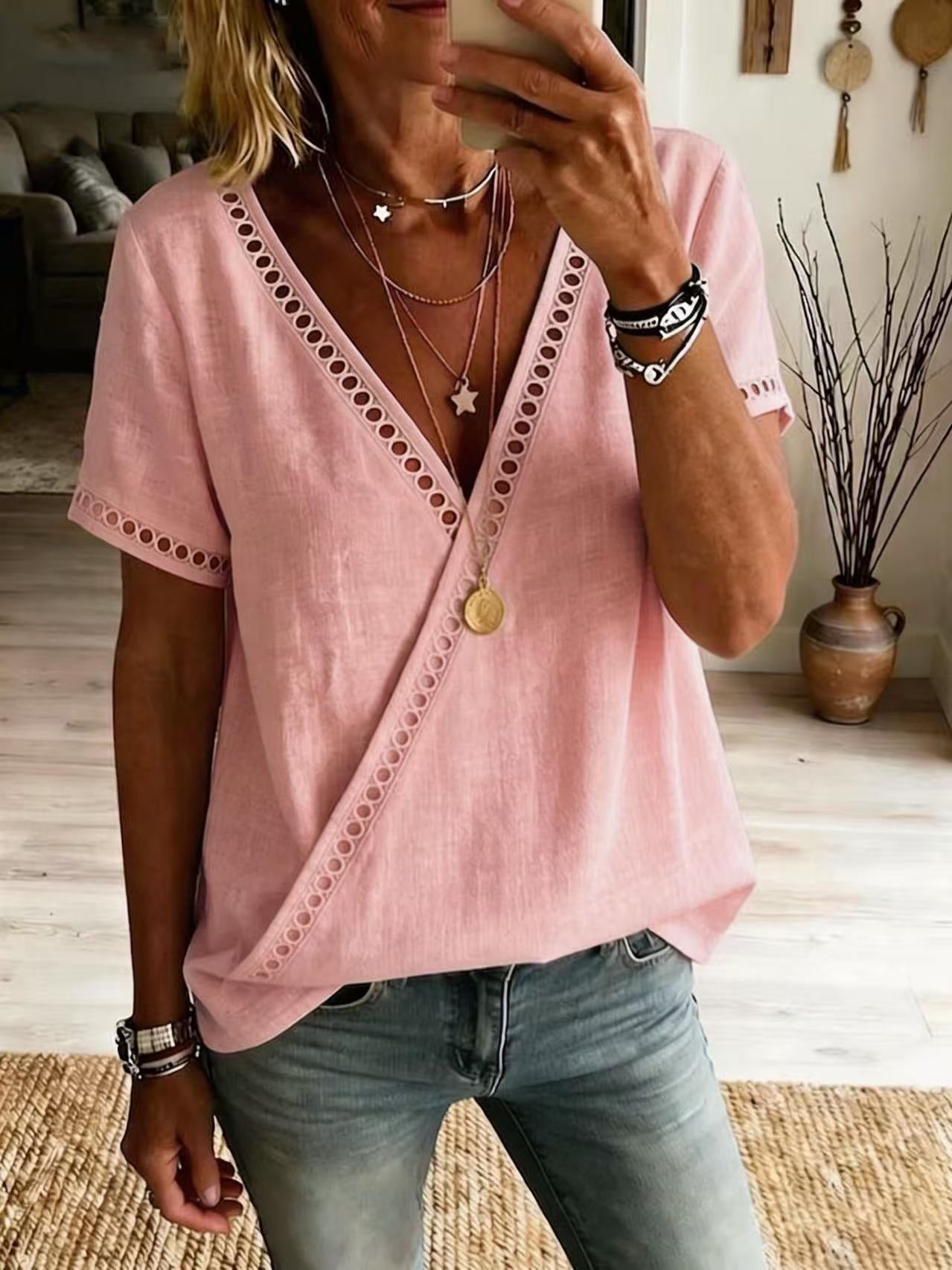 Casual Patchwork Hollow-Out Lace V-Neck Short-Sleeve Top
