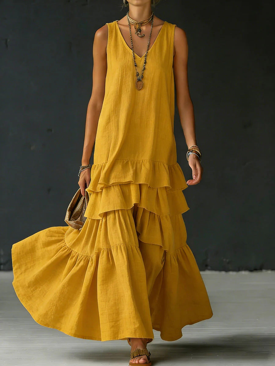Solid-color Womens Loose-fitting Full-skirted Sleeveless Dress