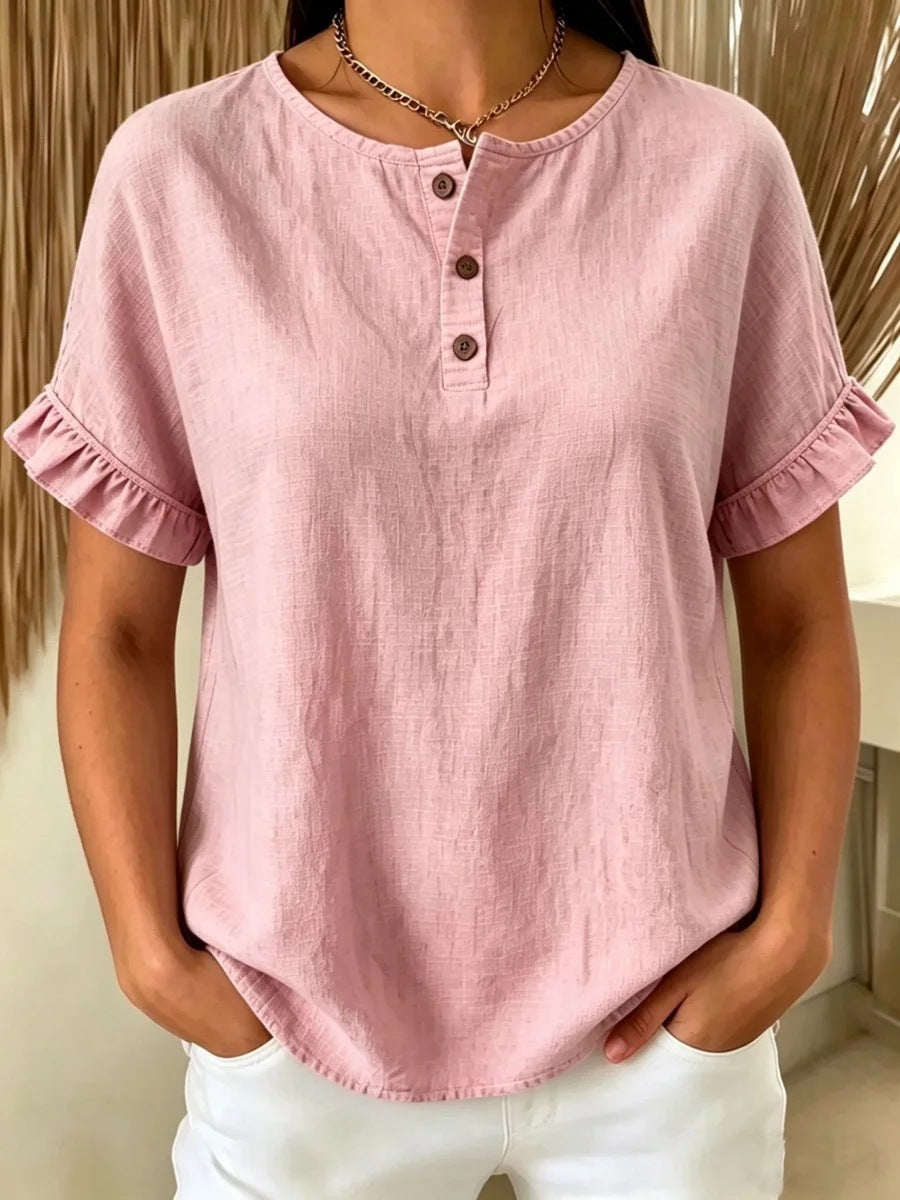 Womens Cotton-Linen Ruffle-Trimmed Button-Up Short-Sleeve Top