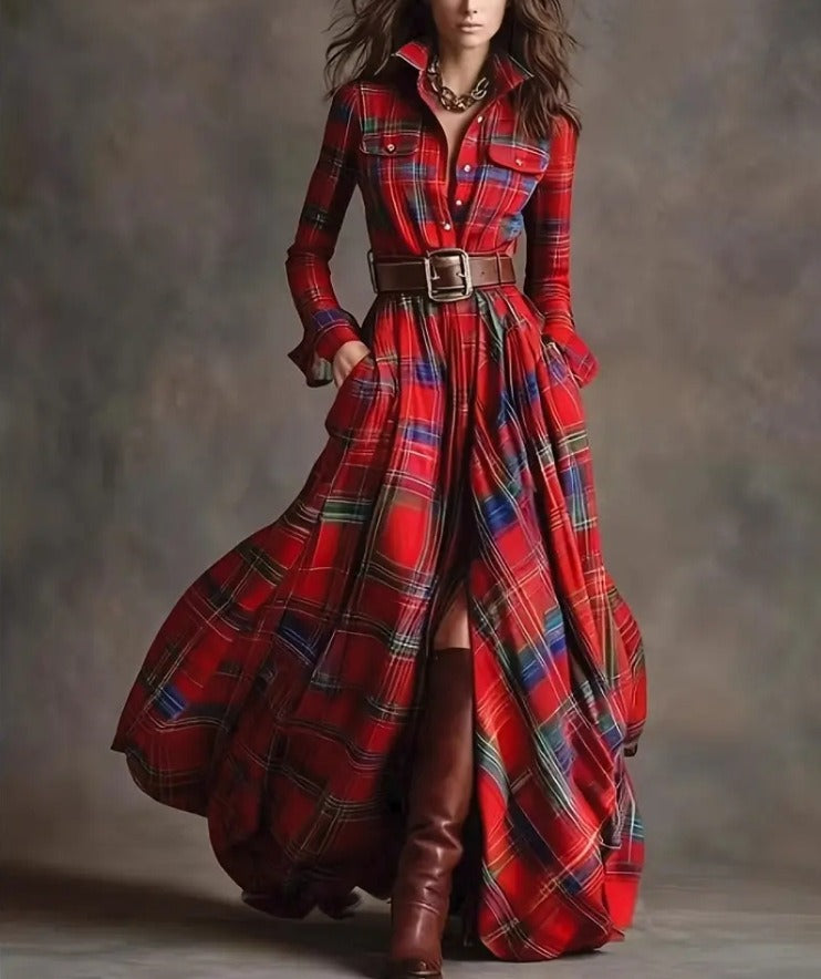 Ins Plaid Print Long-Sleeved Dress Fashion Pockets Collared Buttons Shirt Long Dresses Retro Women's Clothing