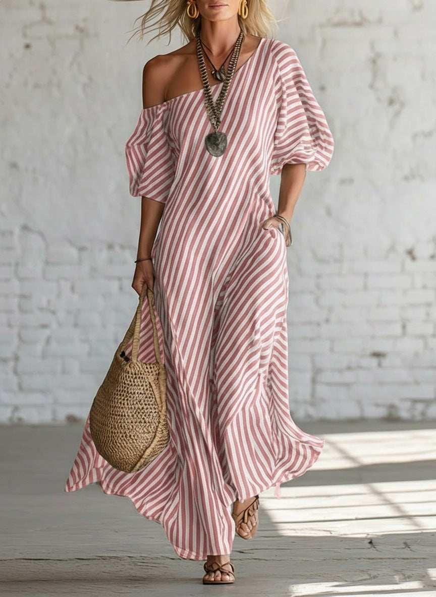 Spring Elegant Striped Off-Shoulder Dress