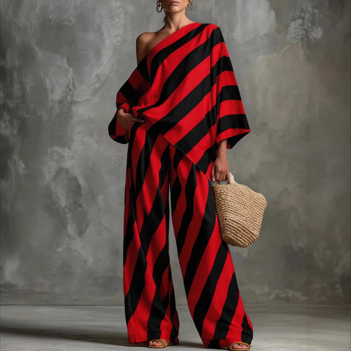 Retro Striped Printed Chiffon Top And Wide-leg Pants Set