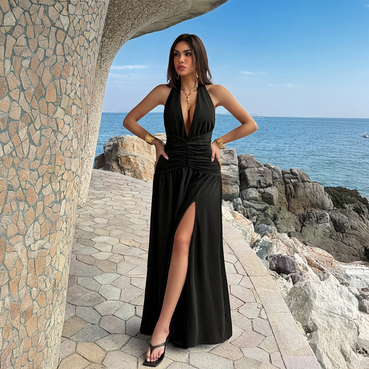 European And American-style Elegant Halter-neck Low-cut High-slit Dress