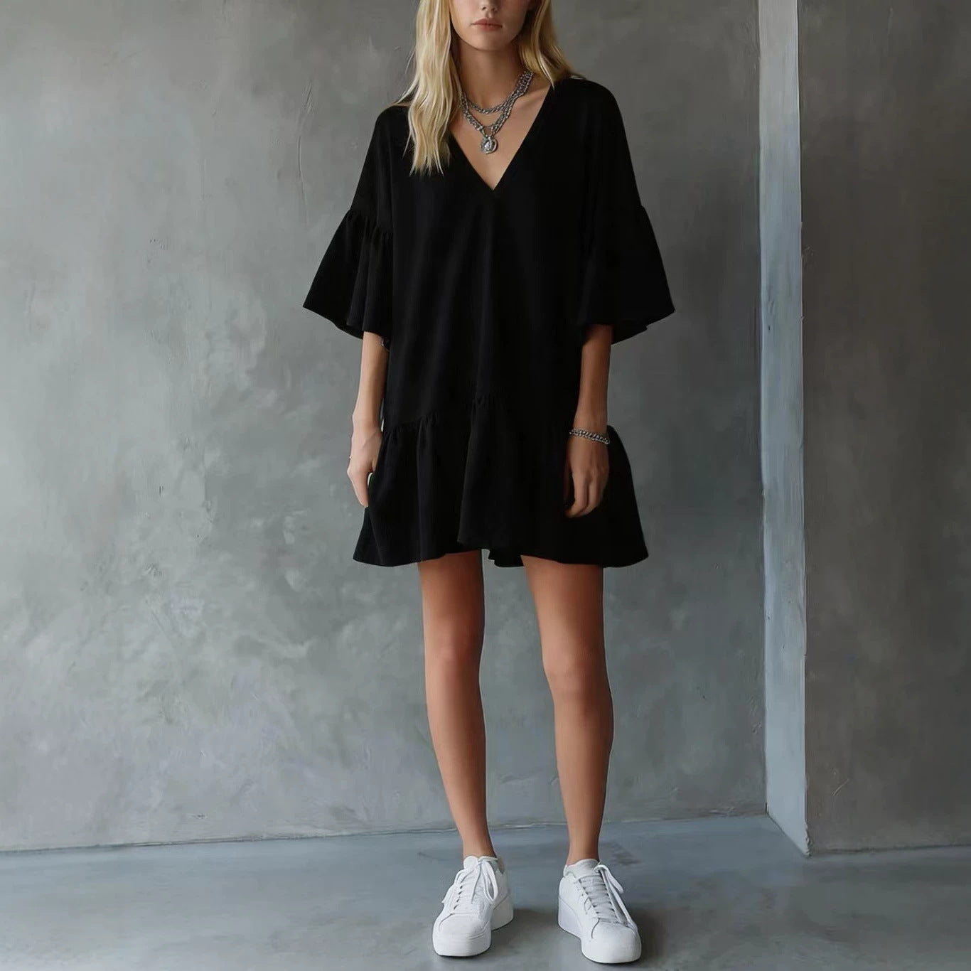 Womens Ruffled V-Neck Solid Color Loose Short Dress