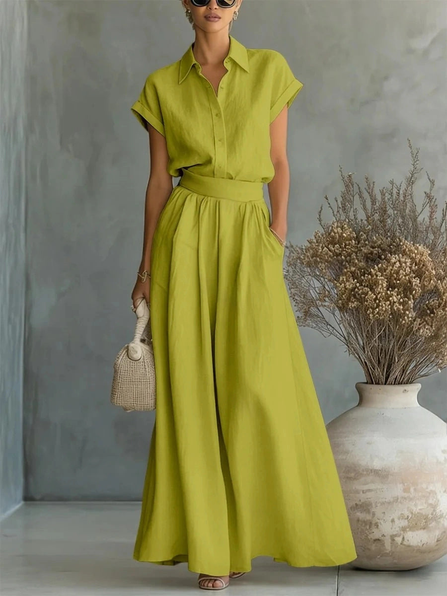 Fashionable Casual Solid-Colored Shirt And Wide-Leg Pants Two-Piece Set