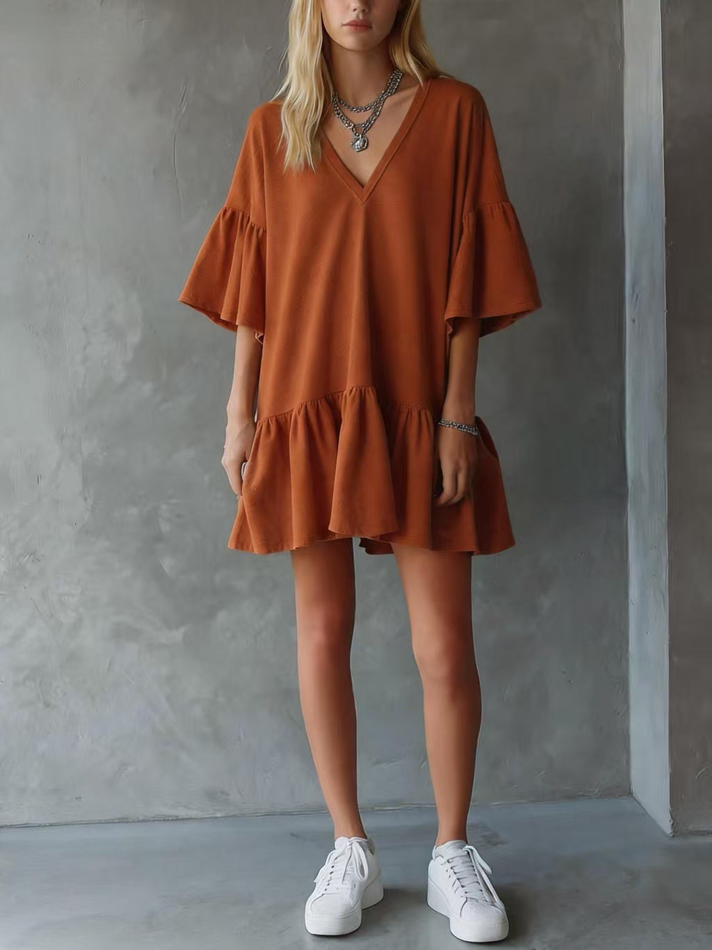 Womens Ruffled V-Neck Solid Color Loose Short Dress
