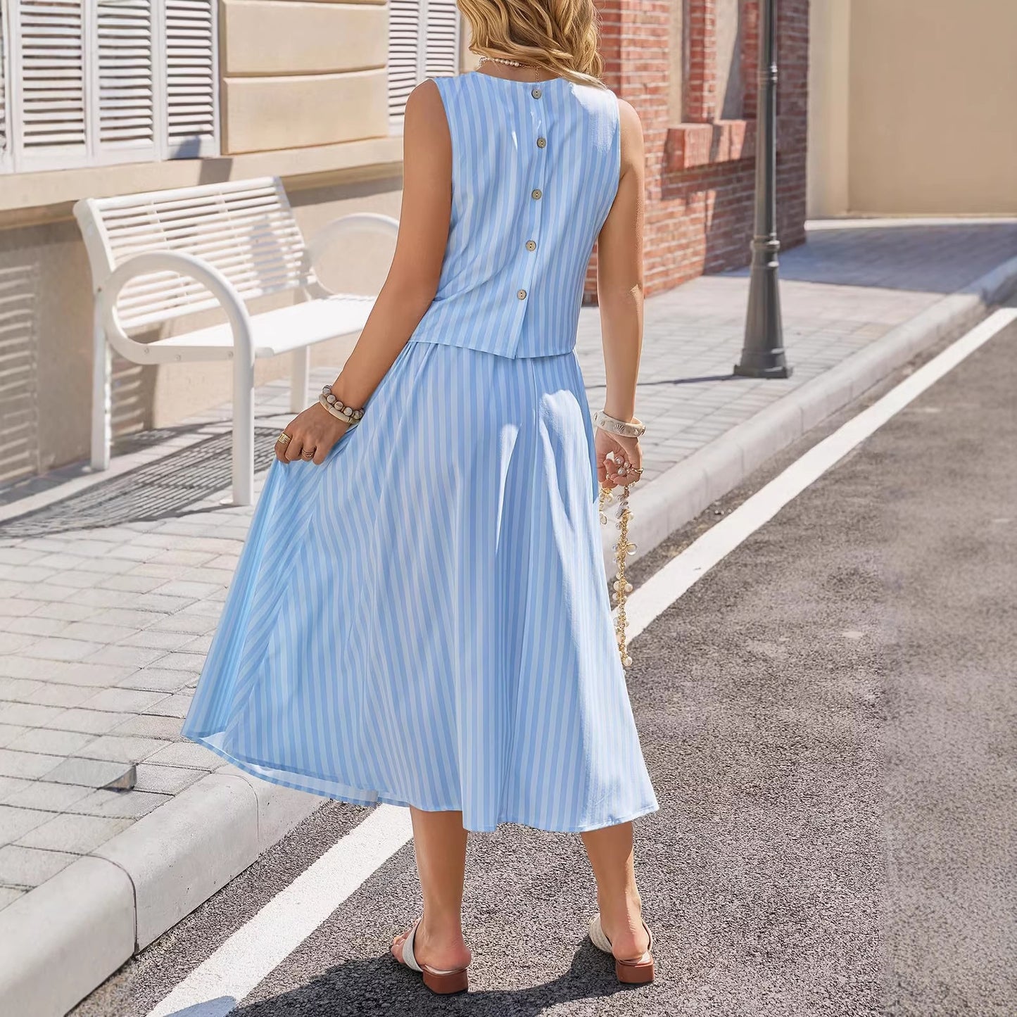 Womens Elegant Striped Vest And A-Line Skirt Two-Piece Set