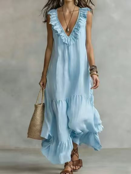 Lace-trimmed Loose-fit Casual Sleeveless Maxi Dress