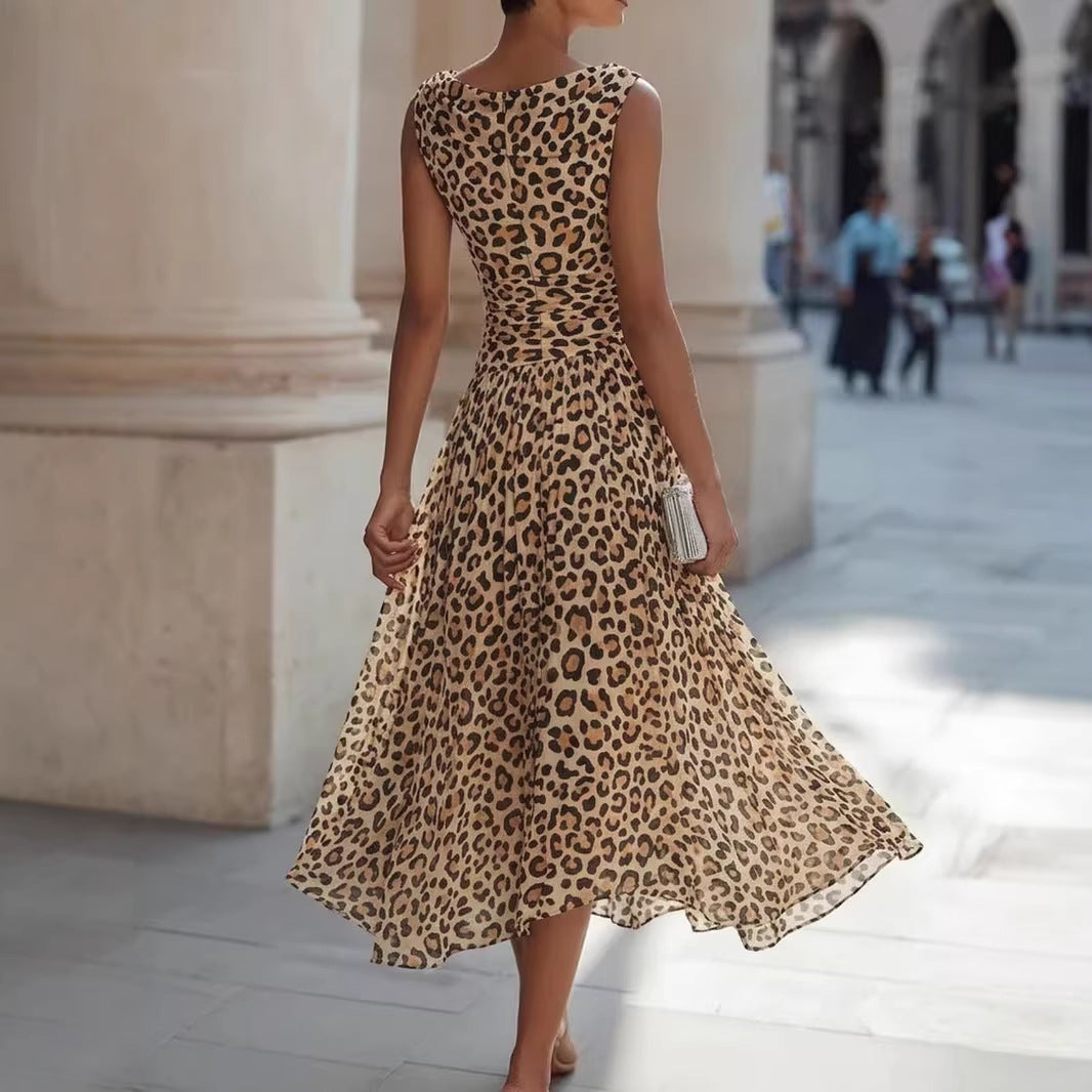 Sleeveless Waist-Cinching Leopard-Print Dress For Women