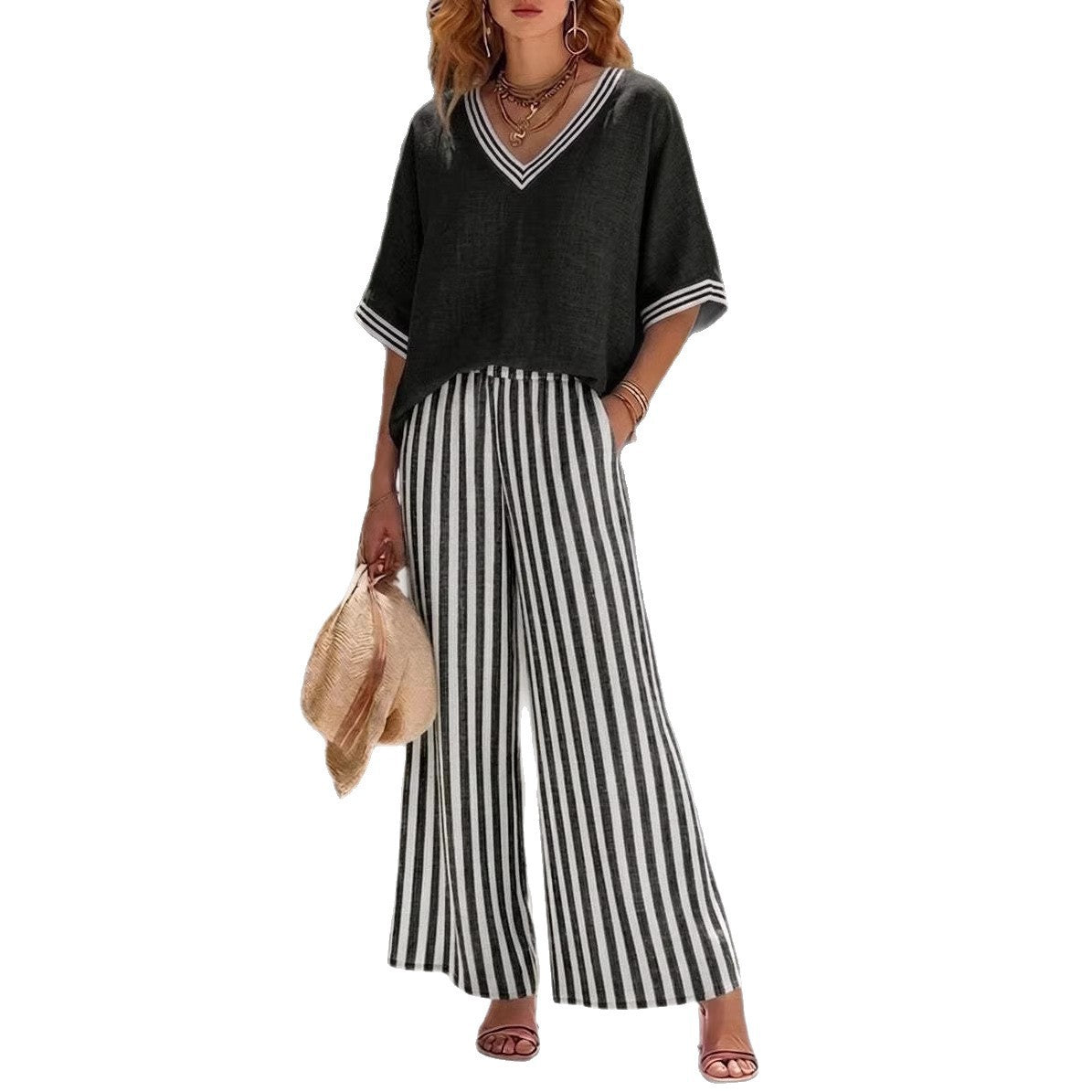 Tunic-style Striped Casual Trousers Womens Outfit