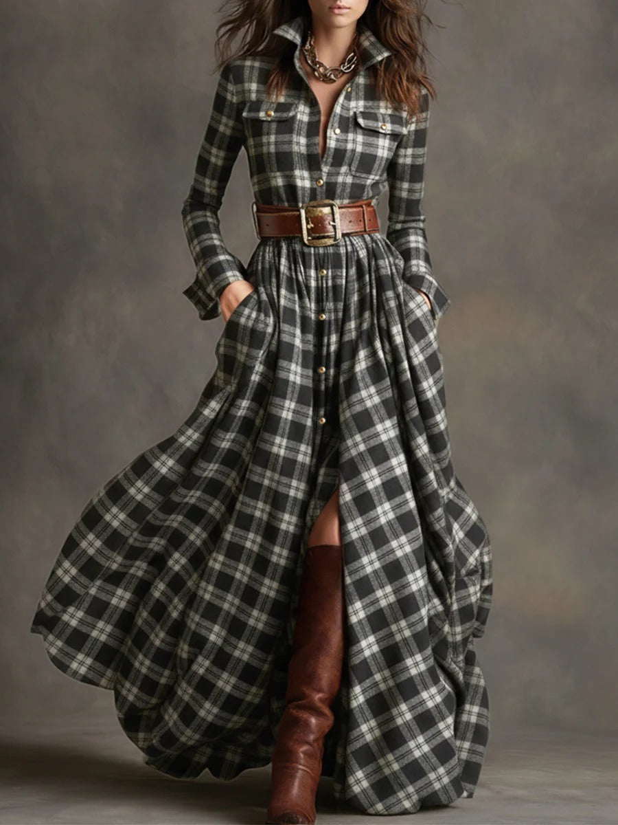 Ins Plaid Print Long-Sleeved Dress Fashion Pockets Collared Buttons Shirt Long Dresses Retro Women's Clothing