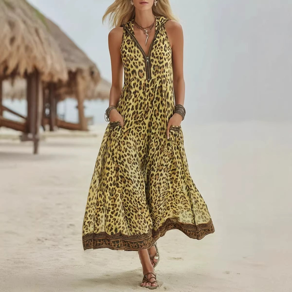 Sleeveless Leopard-print Midi Dress