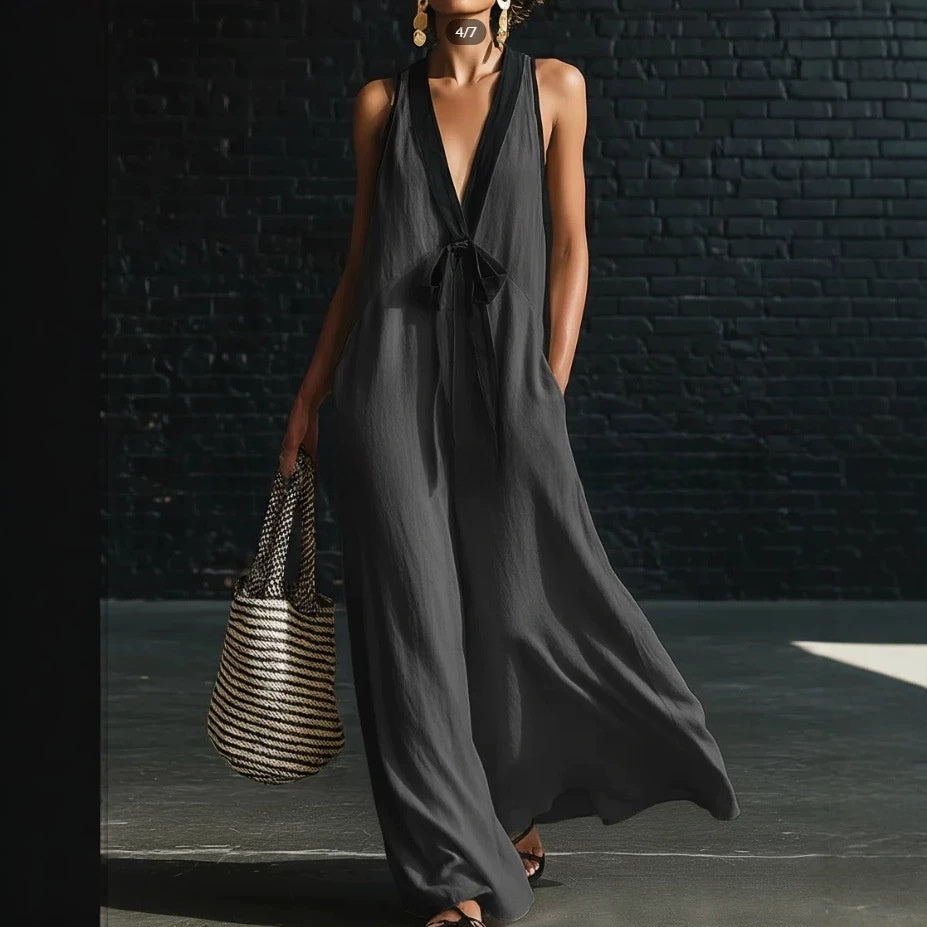 Classic Elegant Contrast-color Necktie Long Dress
