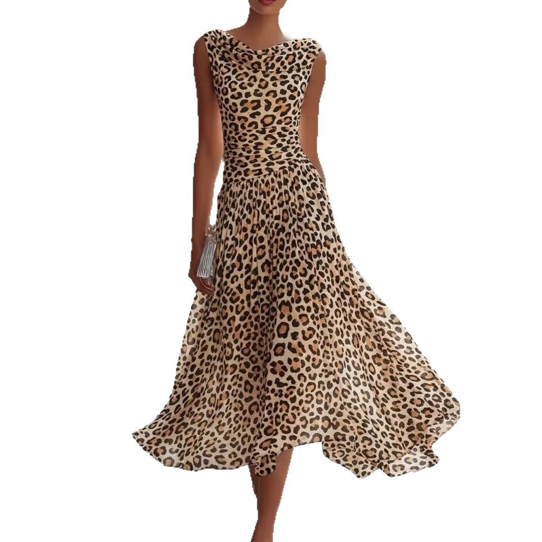 Sleeveless Waist-Cinching Leopard-Print Dress For Women