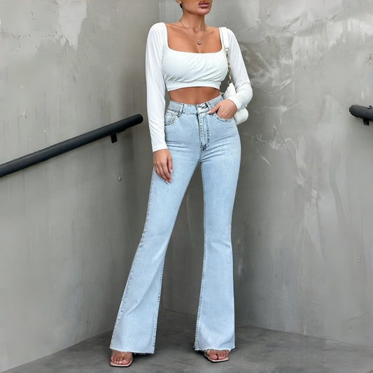 Women's Casual Versatile Mid-Waist Washed Solid Color Raw Hem Flare Jeans