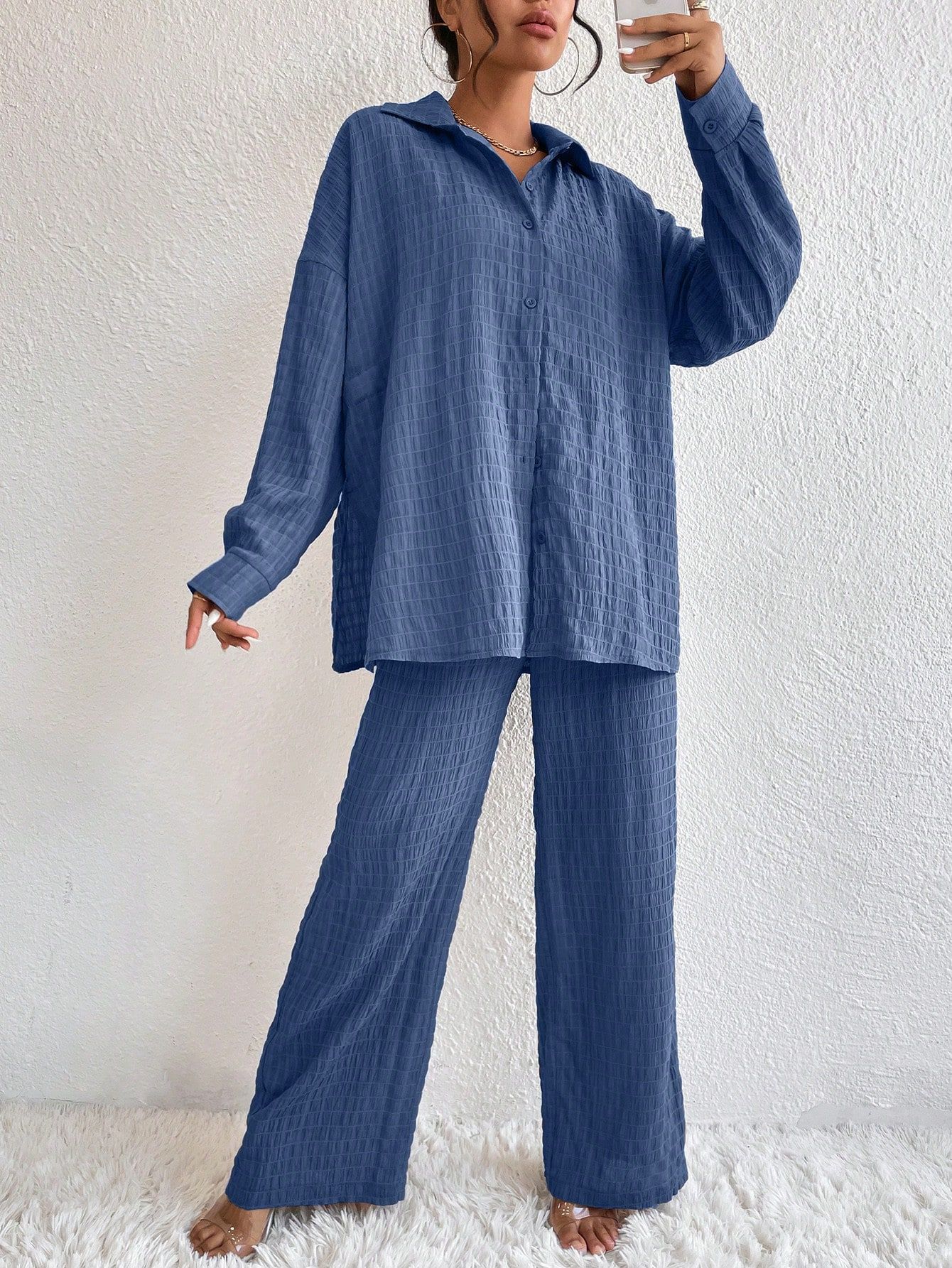 Summer New European And American Style Pleated Long-Sleeve Lapel Loose Two-Piece Set