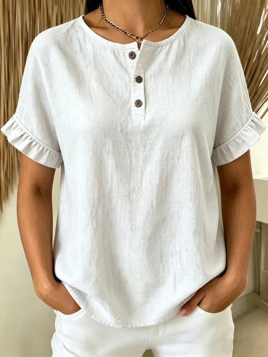 Womens Cotton-Linen Ruffle-Trimmed Button-Up Short-Sleeve Top