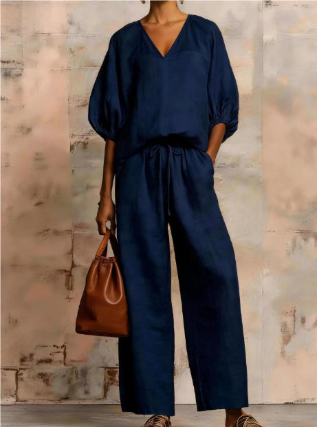 Womens Loose Solid-Colored V-Neck Half-Sleeve Top And Wide-Leg Pants Set