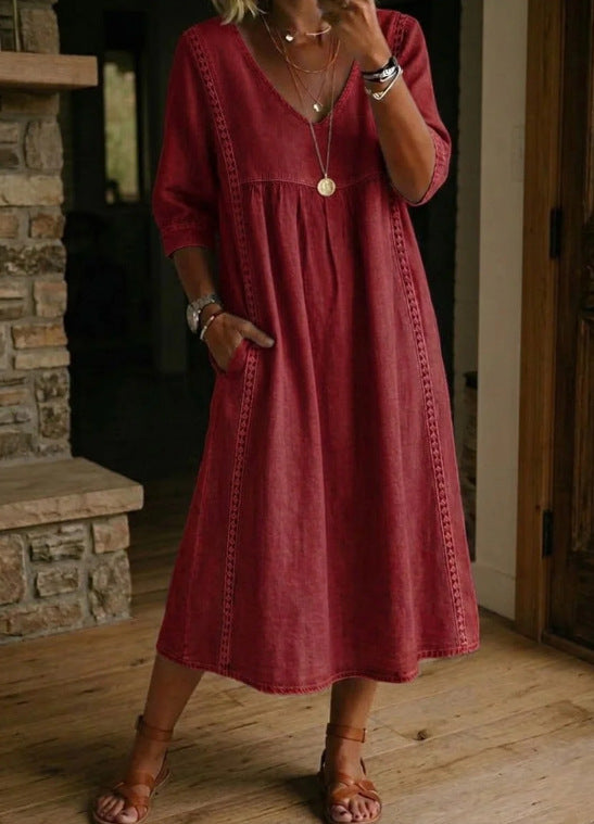 Casual Loose V-Neck Lace Trim Linen Cotton Dress