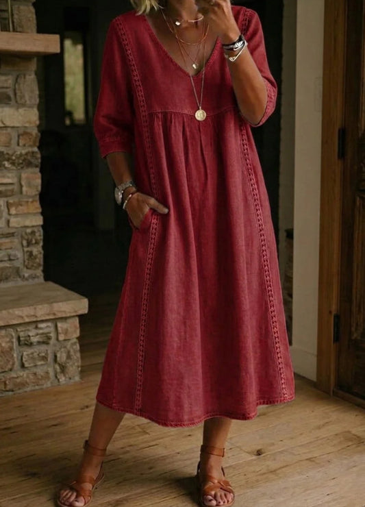 Casual Loose V-Neck Lace Trim Linen Cotton Dress