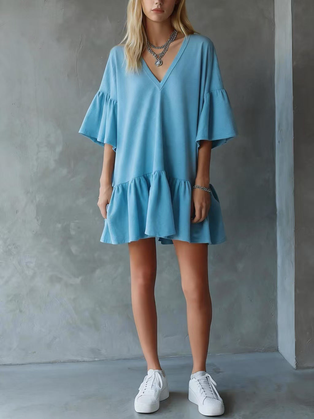 Womens Ruffled V-Neck Solid Color Loose Short Dress