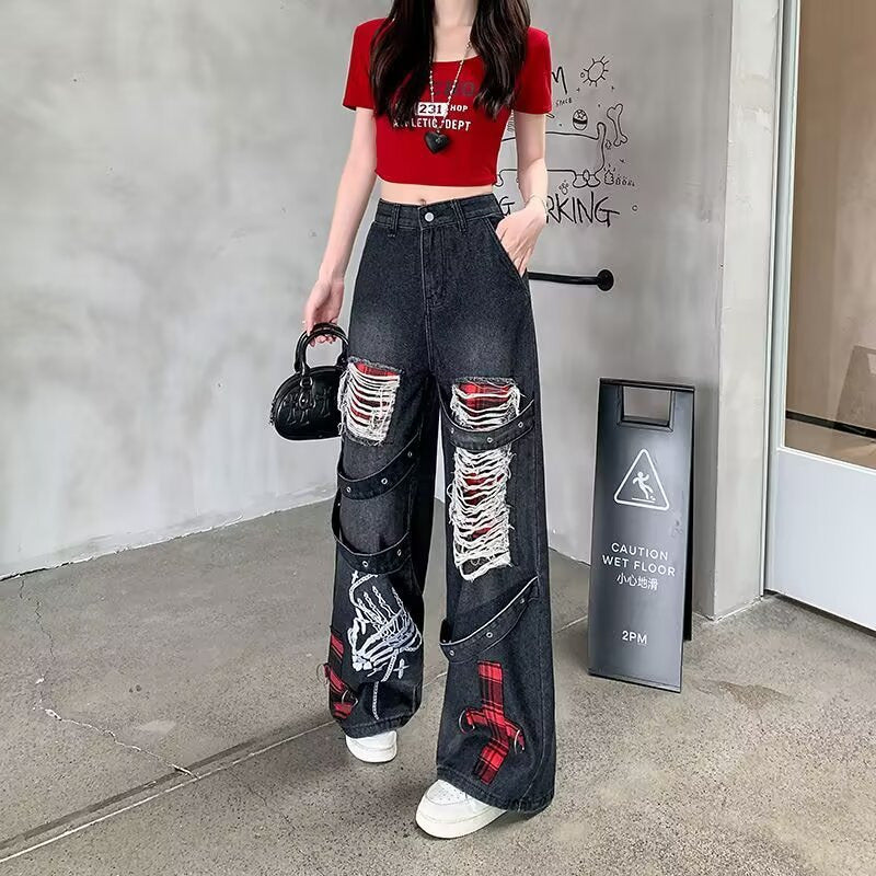 Womens Vintage Washed Distressed Ripped Jeans