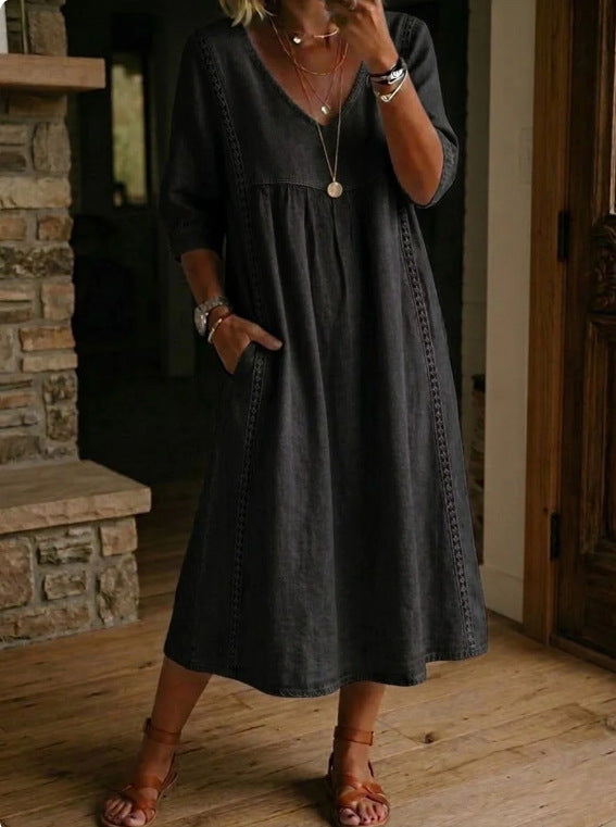 Casual Loose V-Neck Lace Trim Linen Cotton Dress