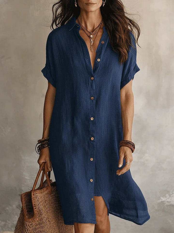 Casual Solid Color Short Sleeve Button Front Midi Dress