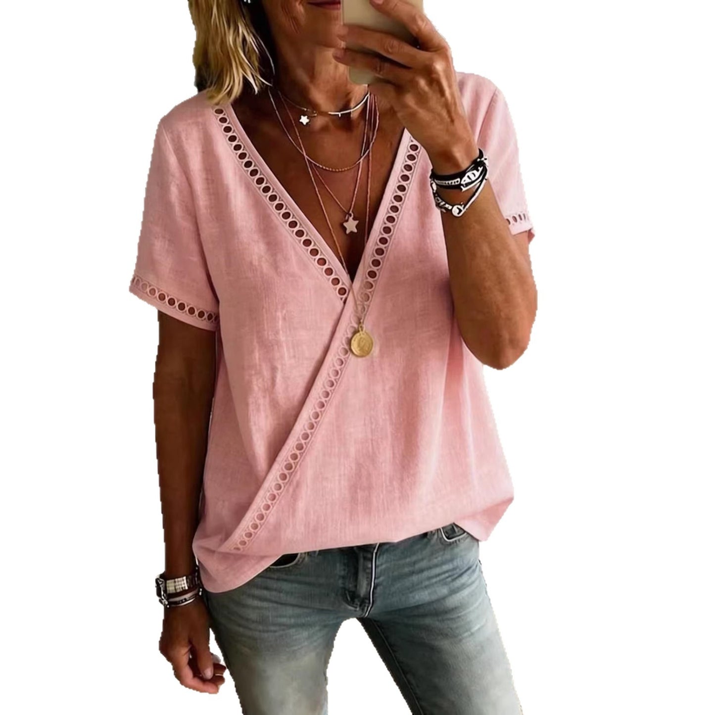 Casual Patchwork Hollow-Out Lace V-Neck Short-Sleeve Top