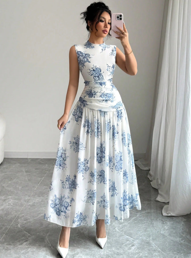 Womens Elegant Round-Neck Sleeveless Printed Waist-Cinching Dress