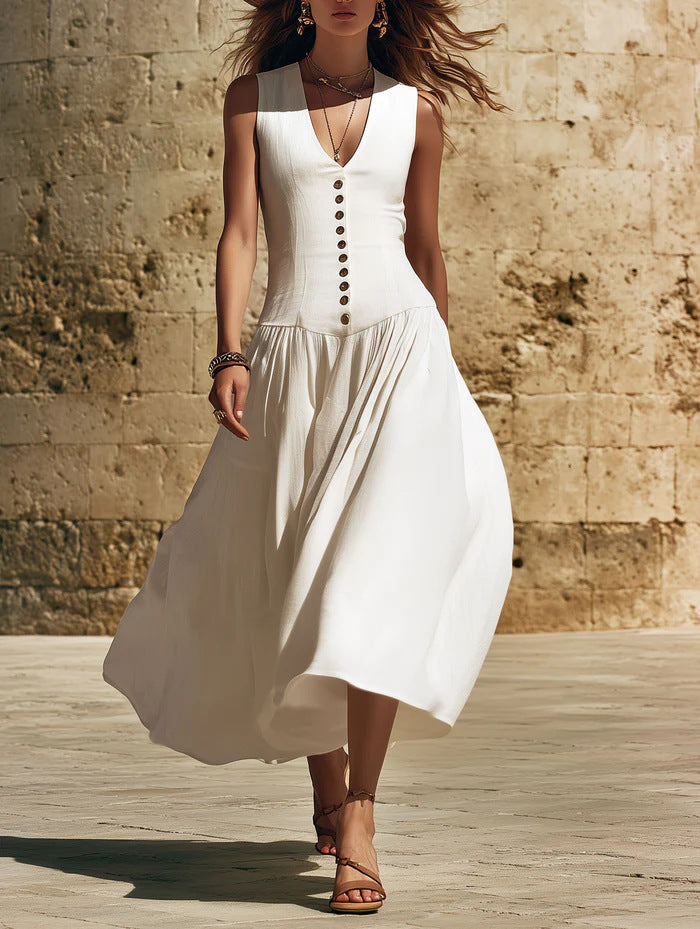 V-Neck Buttoned Chic Elegant Sleeveless Cotton-Linen Dress