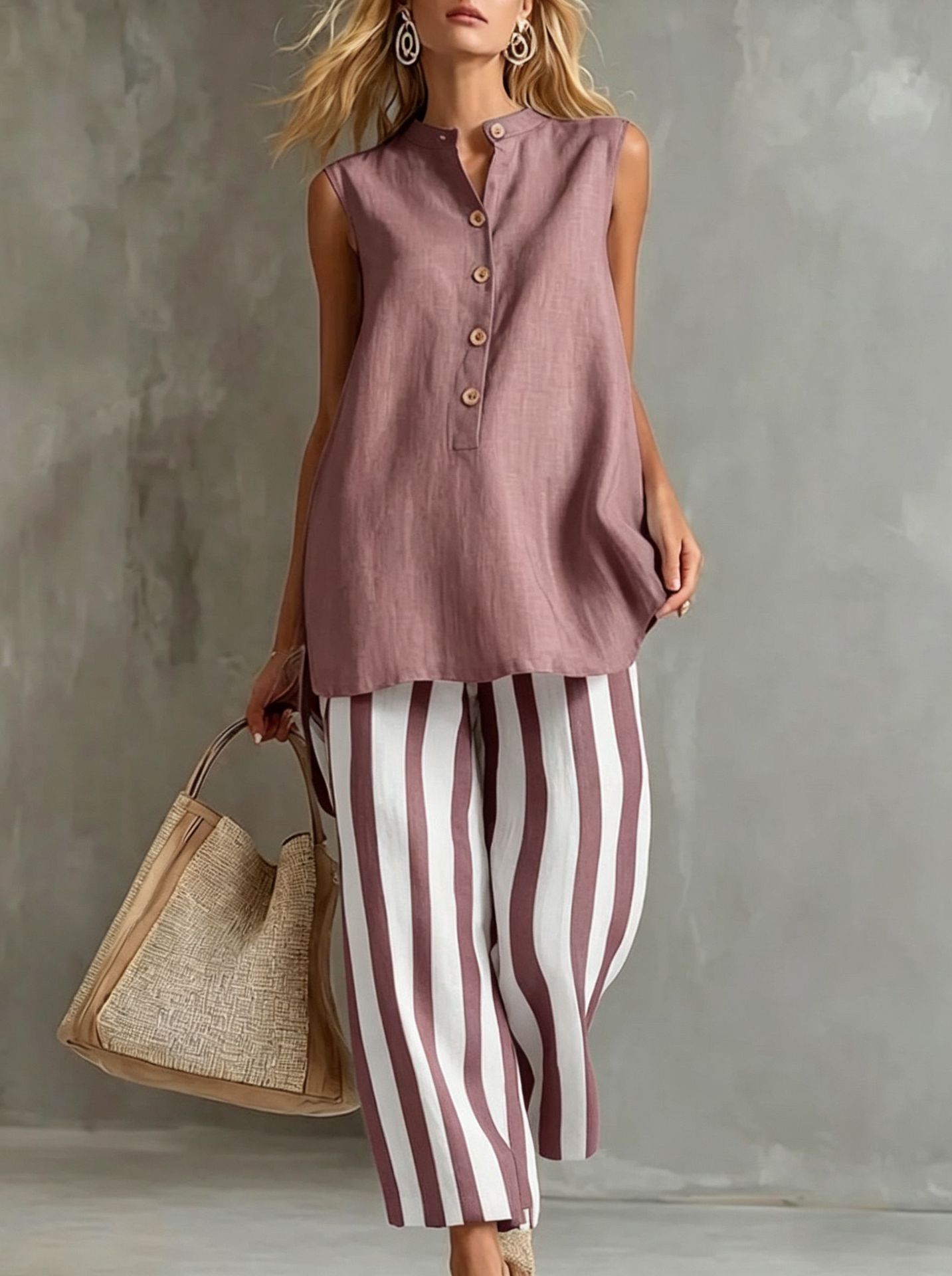 Casual Sleeveless Shirt Top And Striped Wide-Leg Pants Two-Piece Set